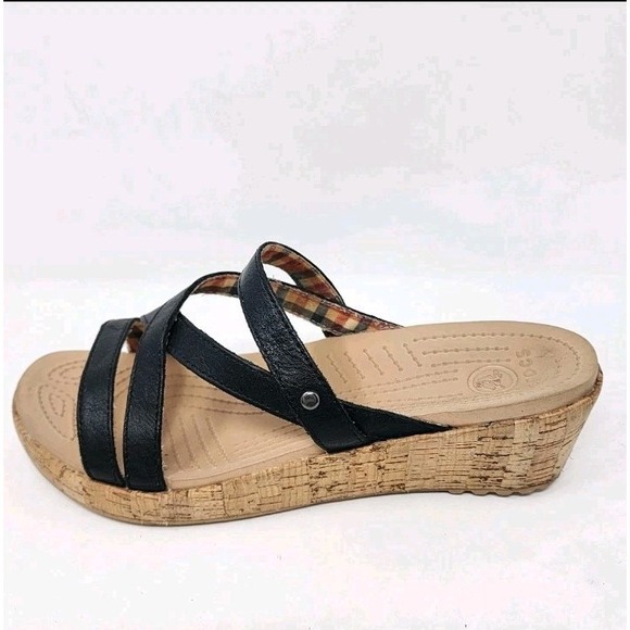 CROCS Shoes - Crocs Wedge Sandals 11847 Size 8 A-Leigh Cork Black Leather Boho Slide